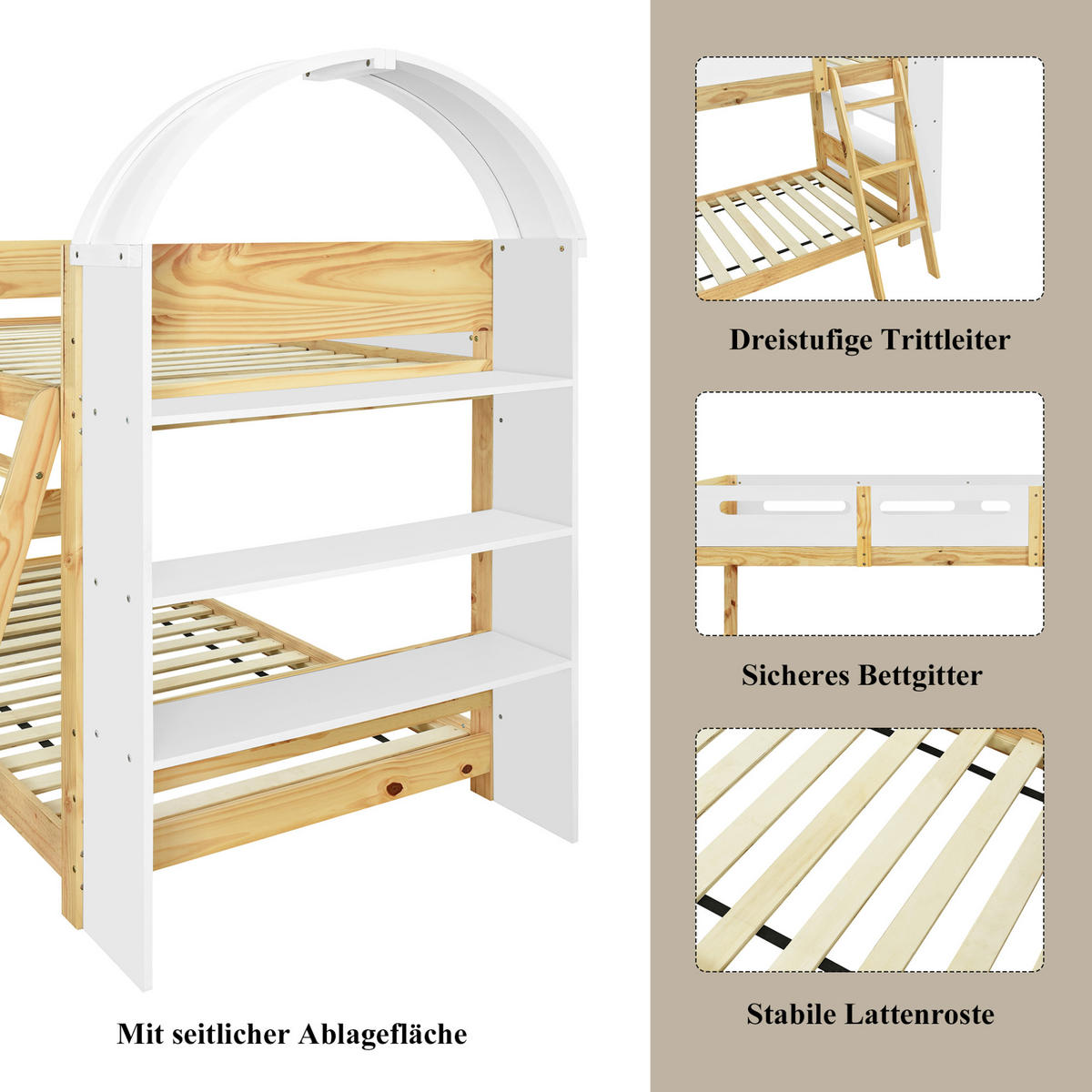 ETAGENBETT 90/200 cm mit 3-stufigem Regal, Trittleiter und Bettgitter aus Kiefernholz & MDF, Weiß/Natur - Weiß, Holzwerkstoff (90/200cm) - Redom
