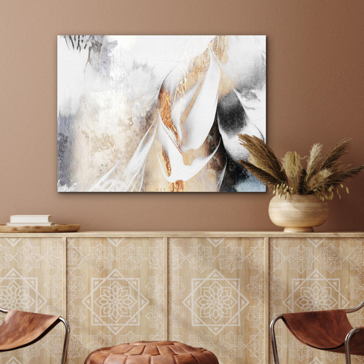 KOVOVÝ OBRAZ Luxusné - abstraktné - zlaté - biele 80x60 cm - zlatá, kov (80/60cm) - MuchoWow