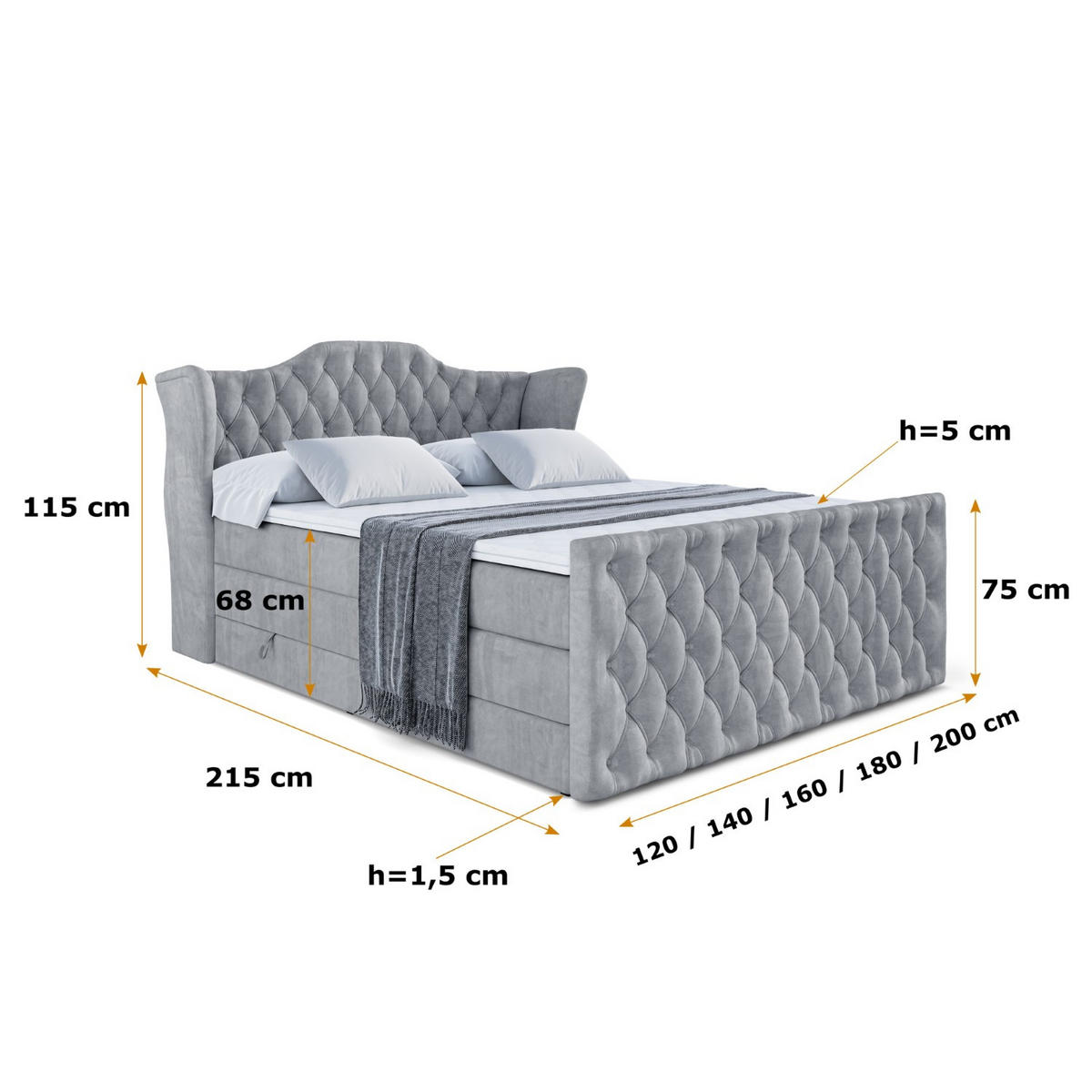 BOXSPRINGBETT VILA-Z KING - 180x200 - H3/H4 - Grau - Grau, Holzwerkstoff (180/200cm) - ALTDECOR