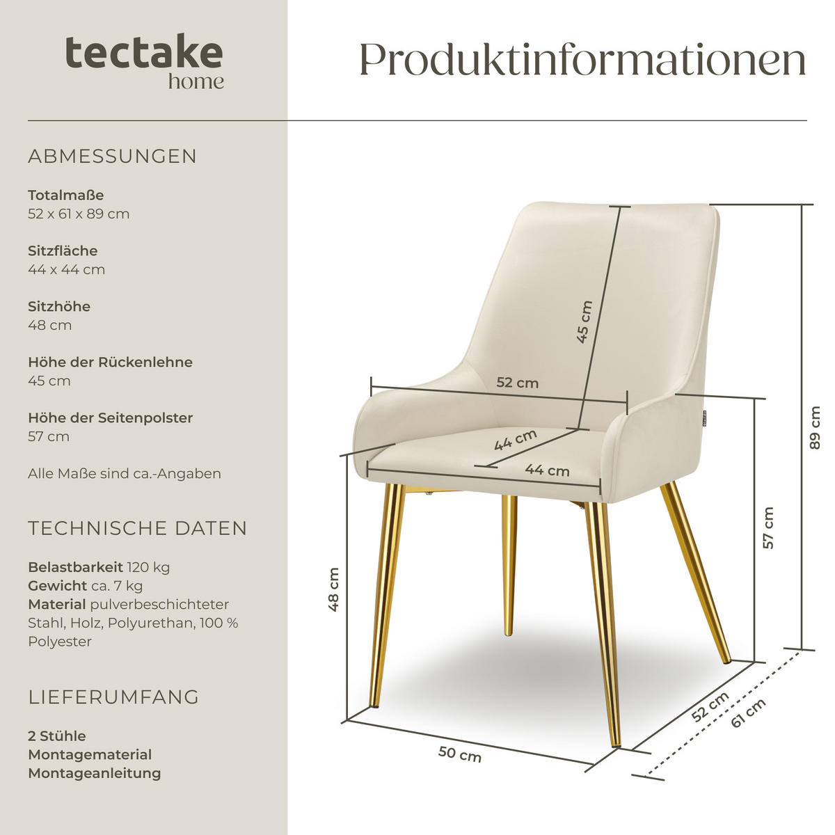 POLSTERSTUHL 2er Set Avane 52 x 61 x 89 cm beige - Beige, Textil (52/89/61cm) - tectake