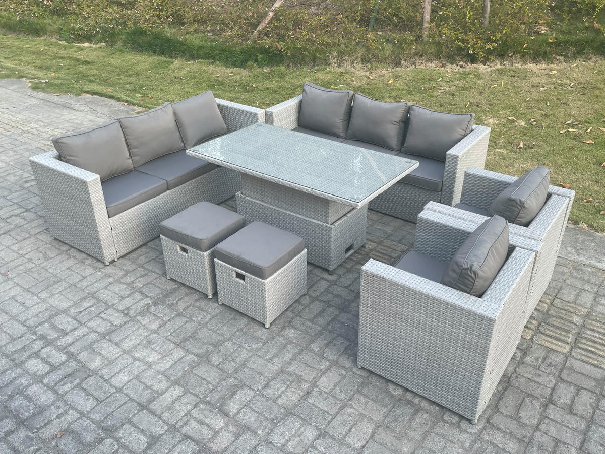 GARTENMÖBEL SET mit höhenverstellbarer Tisch Polyrattan Helles Grau 10-Sitzer - Hellgrau, Metall - Fimous