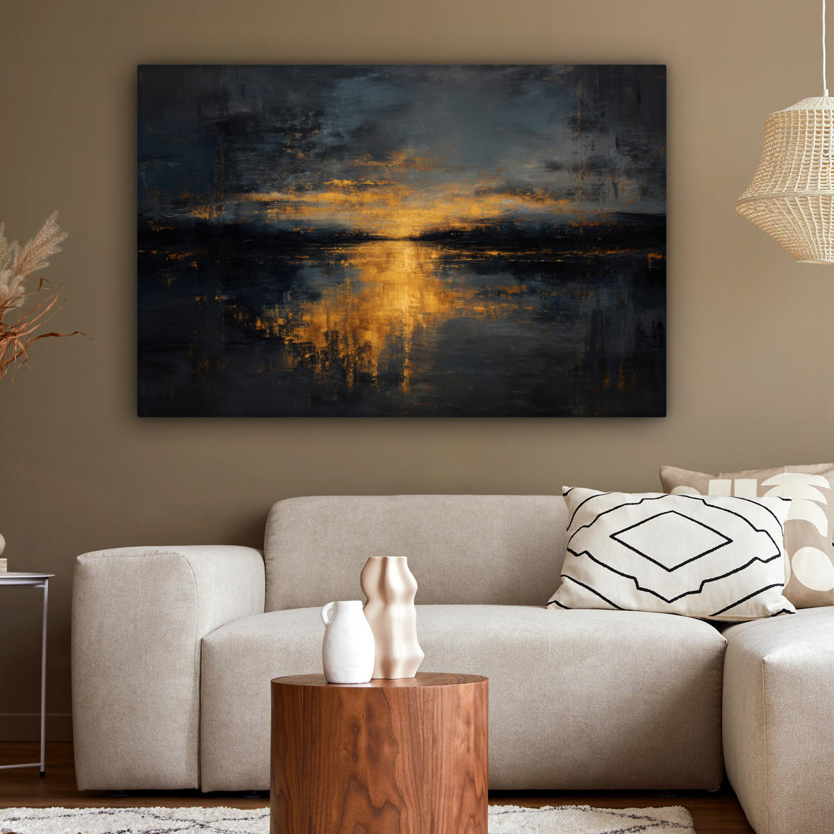 LEINWANDBILD Goldene Reflexion auf dem Wasser Groß 140x90 cm - Anthrazit, Textil (140/90cm) - MuchoWow