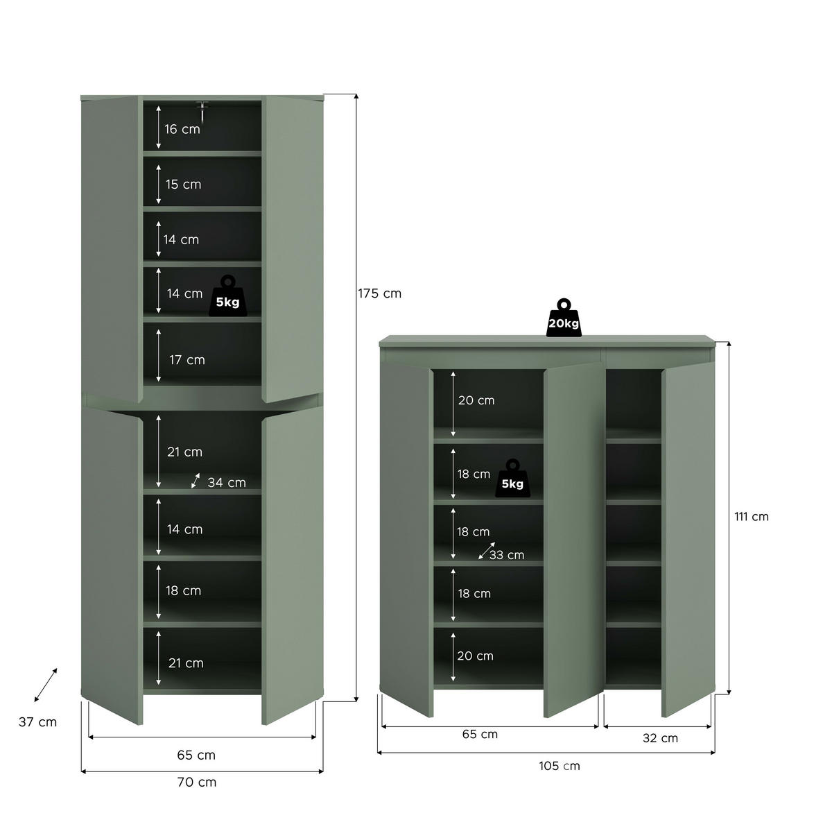UNIVERSALSCHRANK SCARPA 2-tlg. (B/H/T: ca. 190/175/37 cm) in Smoke Green/Smoke Green - Dunkelgrün, Holzwerkstoff (190/175/37cm)