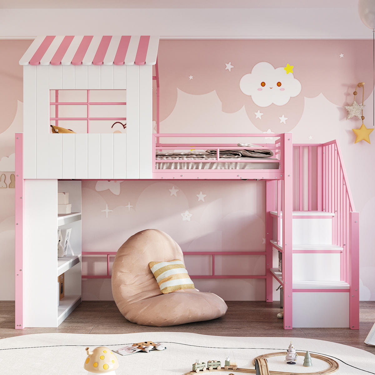 HOCHBETT 90/200 cm in Pink mit Stauraum, Treppe und Regal aus MDF und Metall - Rosa, Holzwerkstoff/Metall (90/200cm) - CHICFURN