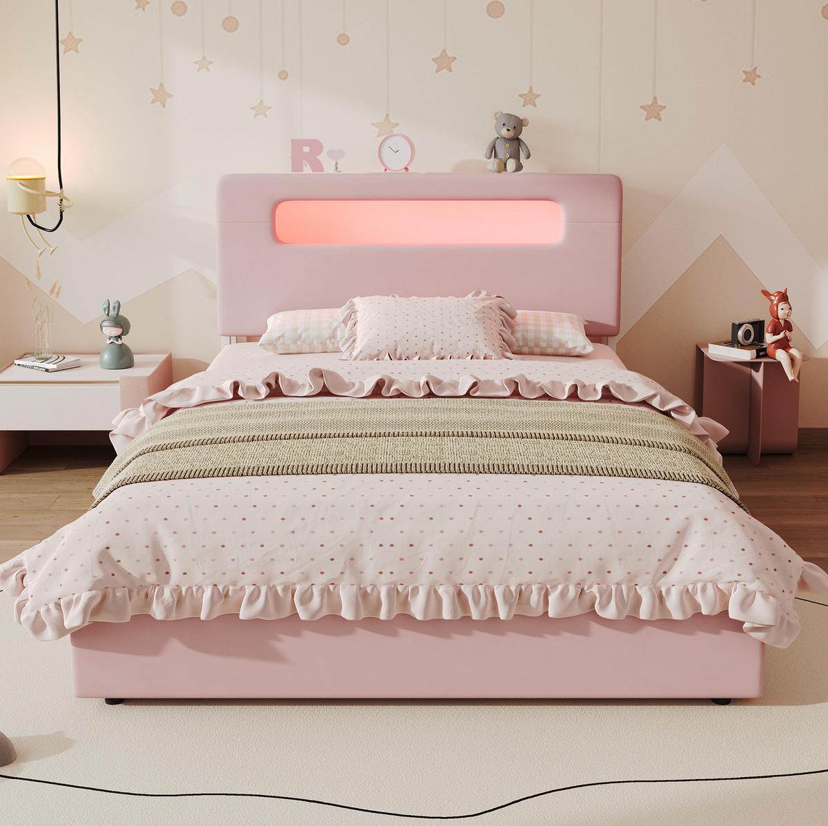 KINDER-POLSTERBETT Samt 140x200 cm Rosa mit 4 Schubladen, LED-Beleuchtung und offenem Kopfteil - Pink, Textil (140/200cm) - Modfu