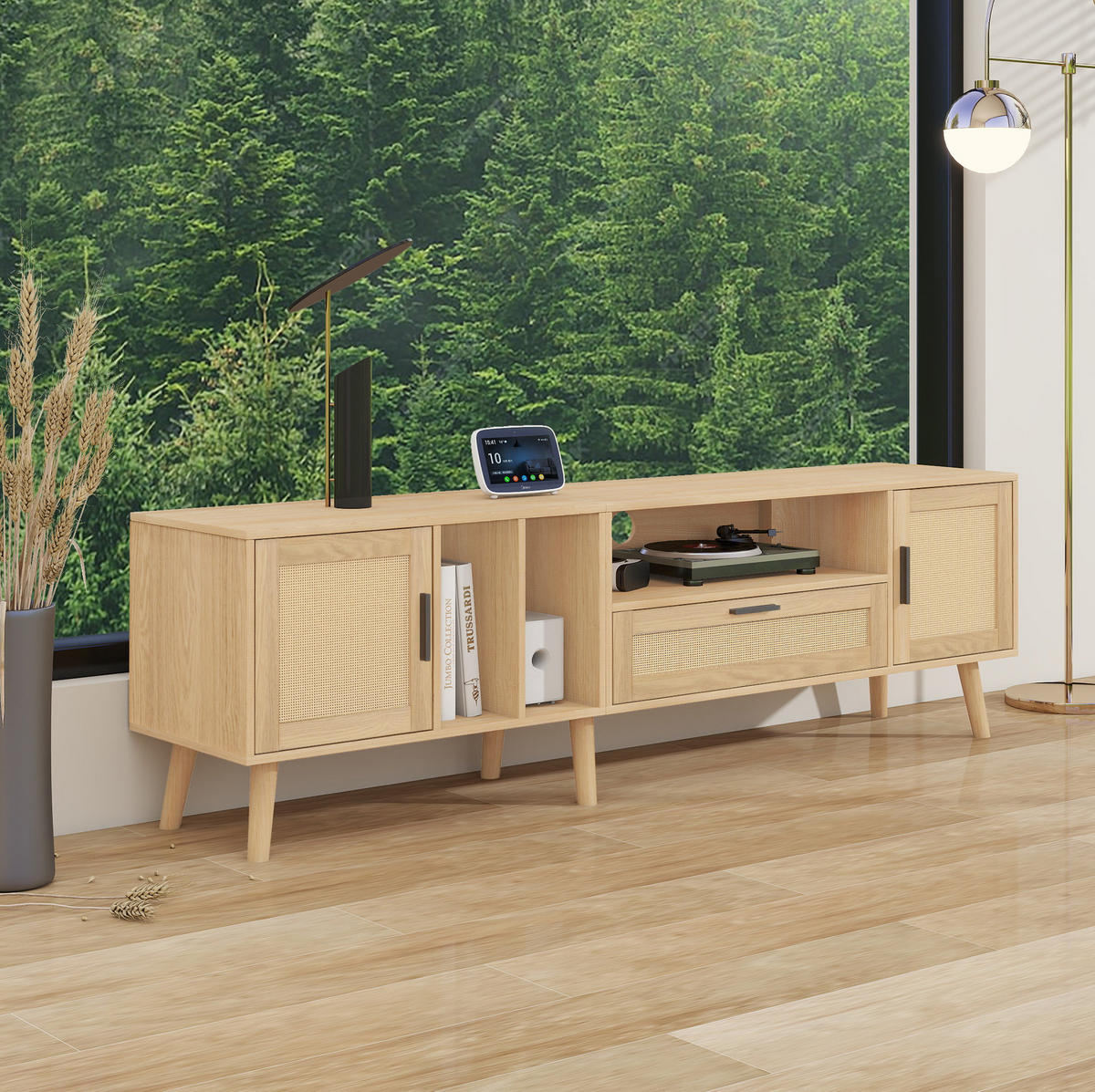 TV-ELEMENT mit Rattan-Dekor 180 cm Holzoptik mit 2 Türen und 1 Schublade - Braun, Holzwerkstoff (40/54/180cm) - Beauniv