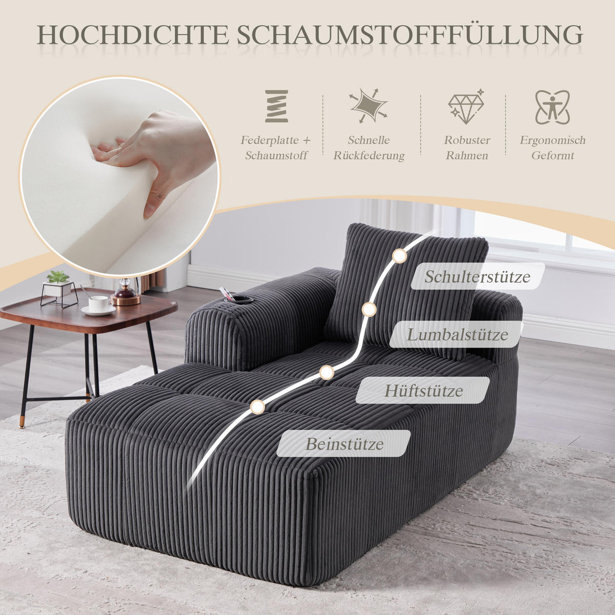 CHAISELONGUE in Cord (158 cm) mit Getränkehalter & Seitentaschen - Dunkelgrau, Textil (158/61/93cm) - Urban Meuble