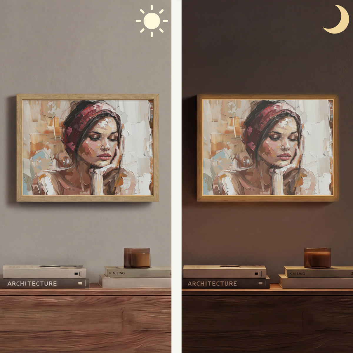 NÁSTĚNNÁ LAMPA S AKUMULÁTOREM Žena - vzhled malby - portrét - moderní 40x30 cm - hnědá, kompozitní dřevo (40/30/8cm) - OnlyWow