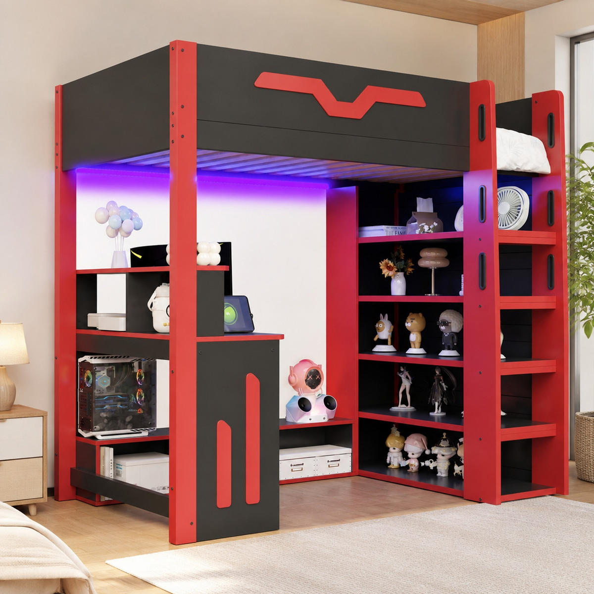 HOCHBETT 90/200 mit Schreibtisch, Stauraum und Treppe in Schwarz - Rot/Schwarz, Holzwerkstoff (90/200cm) - EVRYAE