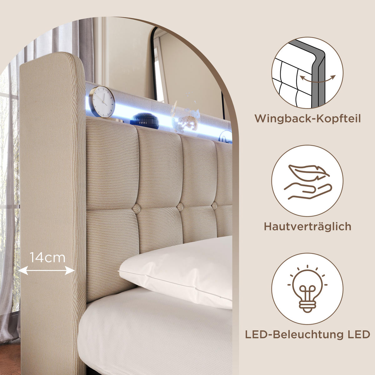 POLSTERBETT 90/200 cm mit USB, Steckdosen, LED-Beleuchtung, 2 Schubladen und Leinenbezug, Beige - Beige, Holz - Redom
