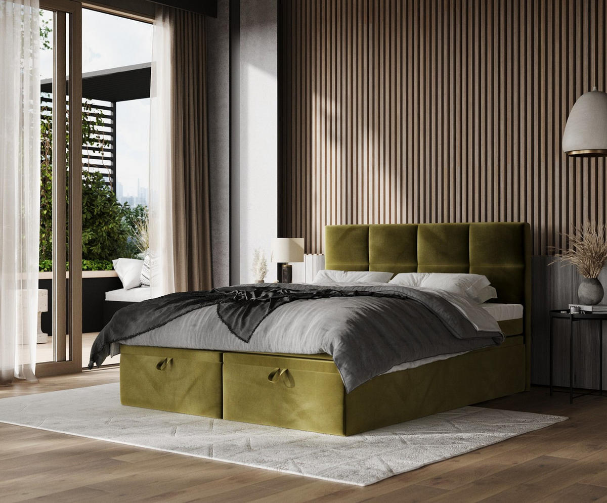 BOXBETT Tessa 180/200 cm Olivgrün im Kronos Stoff - Schwarz/Olivgrün, Holz/Holzwerkstoff (180/200cm) - AltaBeds