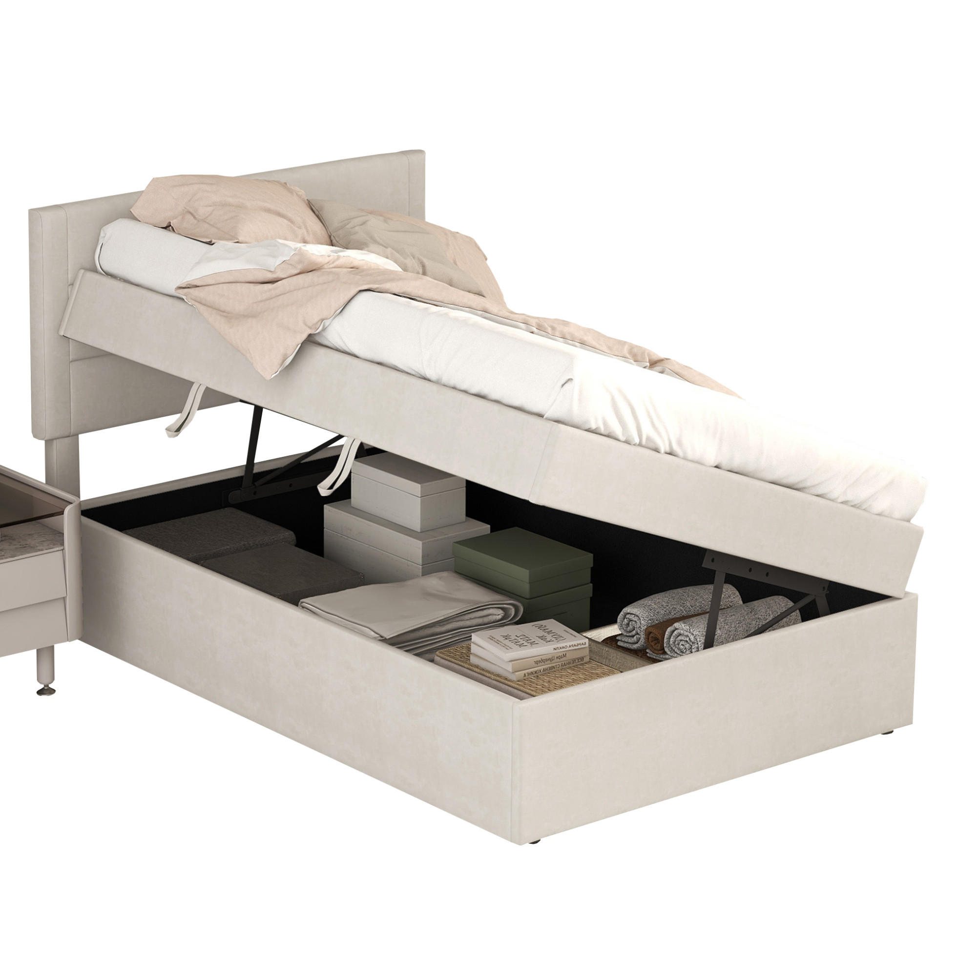 POLSTERBETT 90/200 cm Beige aus Leinen mit Stauraum - Beige, Holzwerkstoff (90/200cm) - OKMYHOME