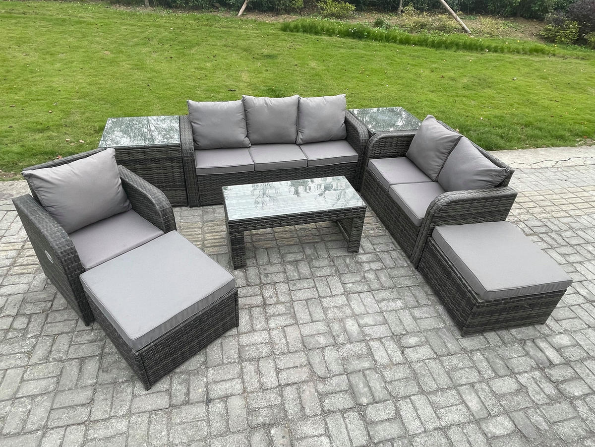GARTENSOFA SET mit rechteckigem COUCHTISCH Polyrattan 8-Sitzer Dunkelgrau - Dunkelgrau/Grau, Glas/Kunststoff - Fimous