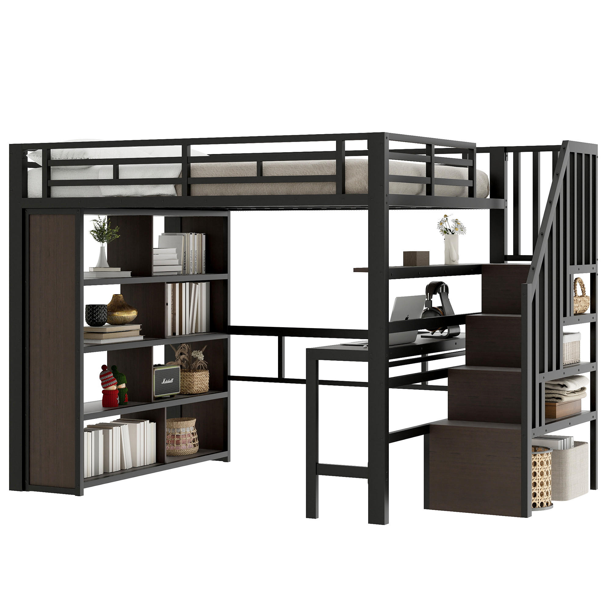 HOCHBETT 140/200 cm aus Metall mit Schreibtisch, Stauraumstufen und LED-Lichtleiste Schwarz - Schwarz, Metall (140/200cm) - Modenvie