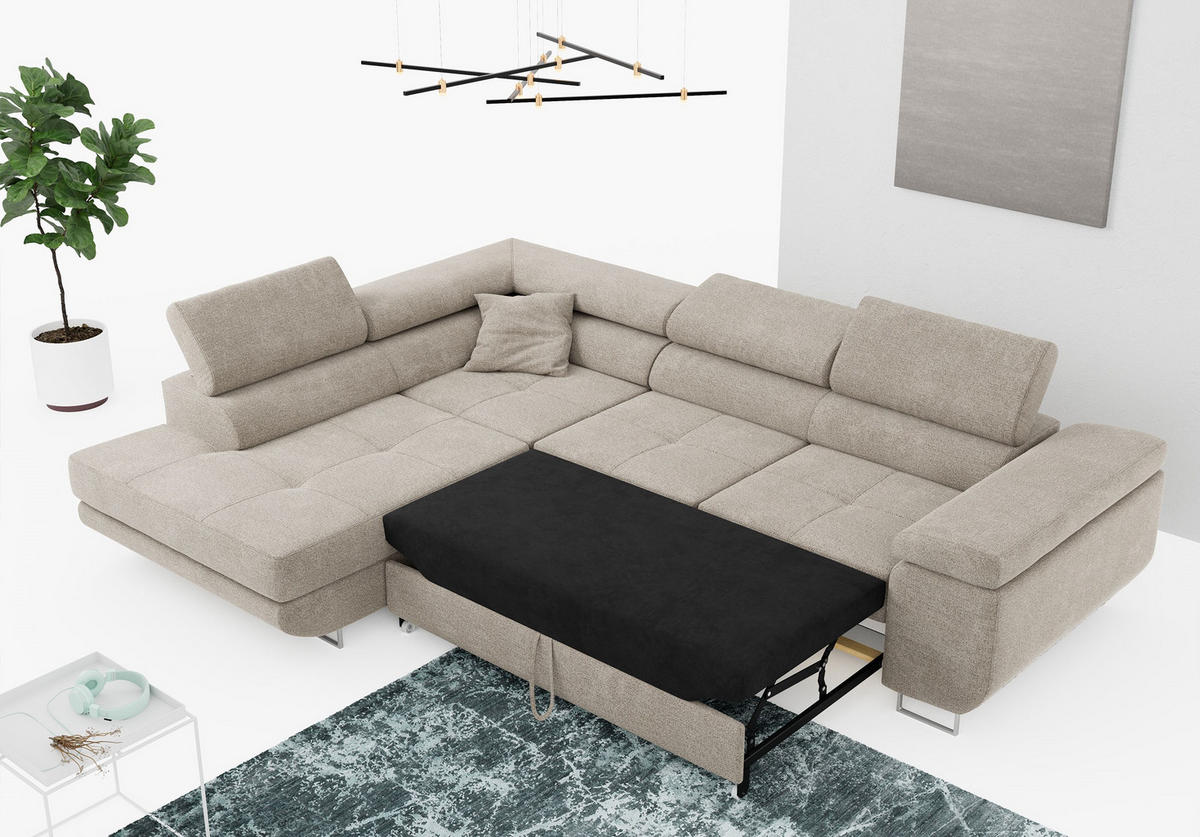 ROHOVÁ SEDAČKA GUSTAW L - Béžová Strukturovaná látka - Levá Strana - stříbrná/béžová, kov/textil (275/205cm) - MKS