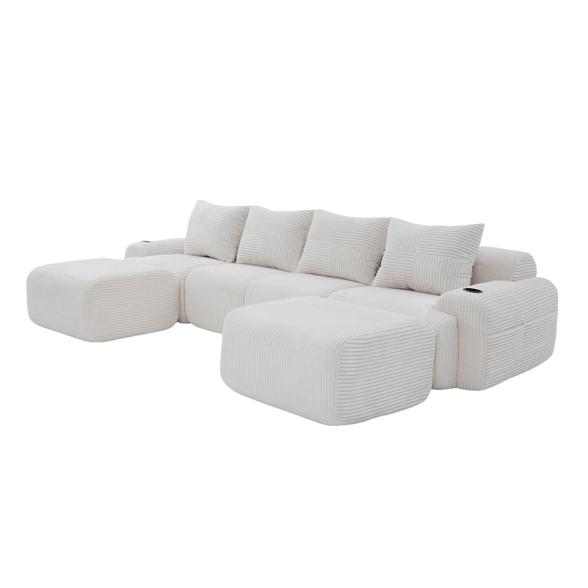 WOHNLANDSCHAFT 333/174/80 cm Beige mit 2 Fußhocker, 2 Becherhalter und Aufbewahrungstaschen - Beige, Textil (333/80/174cm) - Oxeza