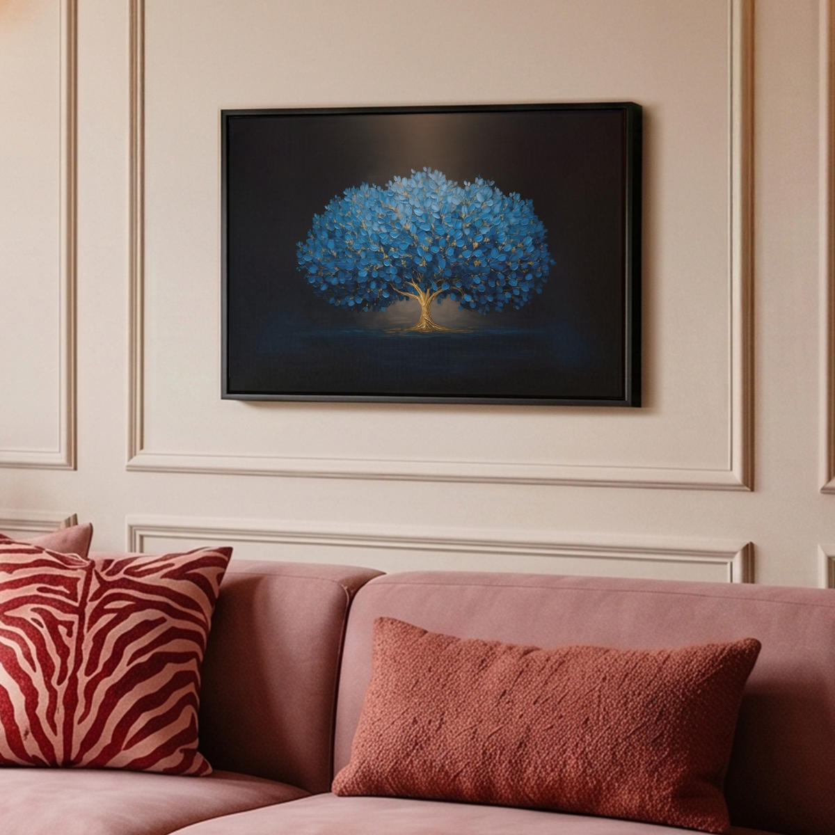 LEINWAND Bilder mit Rahmen - Baum - Blau - Blätter - Pinselstriche - 60x40 - Blau, Textil (60/40cm) - MuchoWow