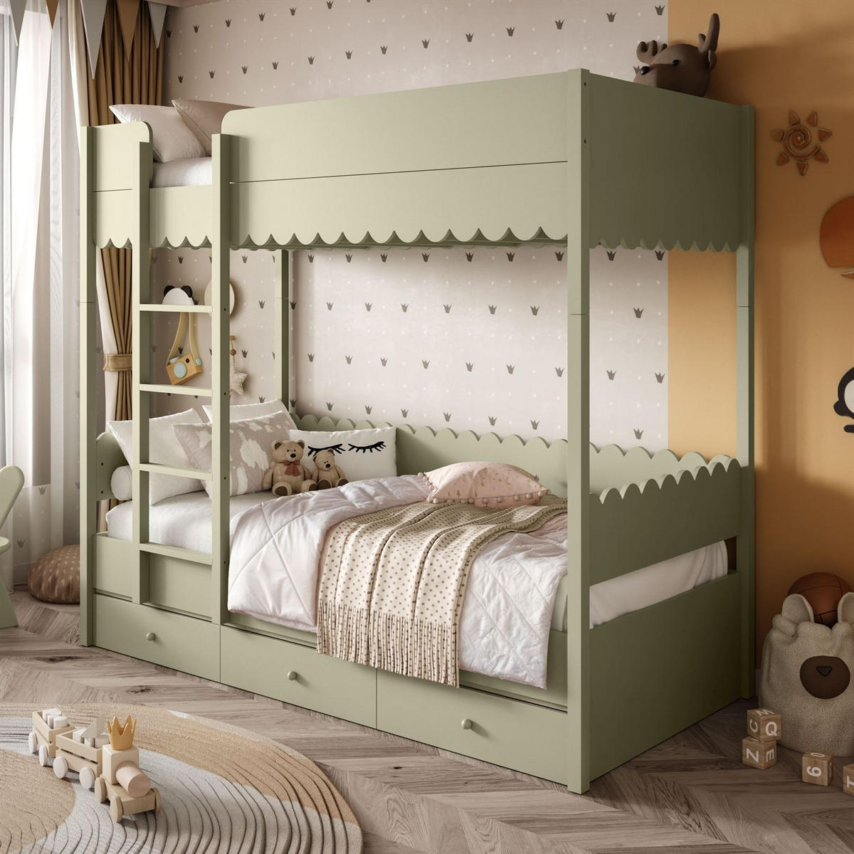 ETAGENBETT BABUSHKA – Etagenbett 90x200 cm, mit zwei Matratze, Olivgrün - Olivgrün, Holzwerkstoff - Lookway