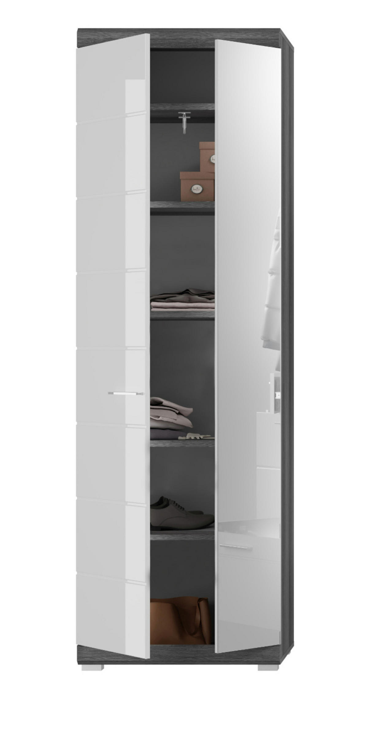GARDEROBENSCHRANK weiß Hochglanz und grau 62 cm, Schuhschrank mit Spiegel - Chromfarben/Weiß Hochglanz, Glas/Holzwerkstoff (62/197/37cm) - Inn.Furn