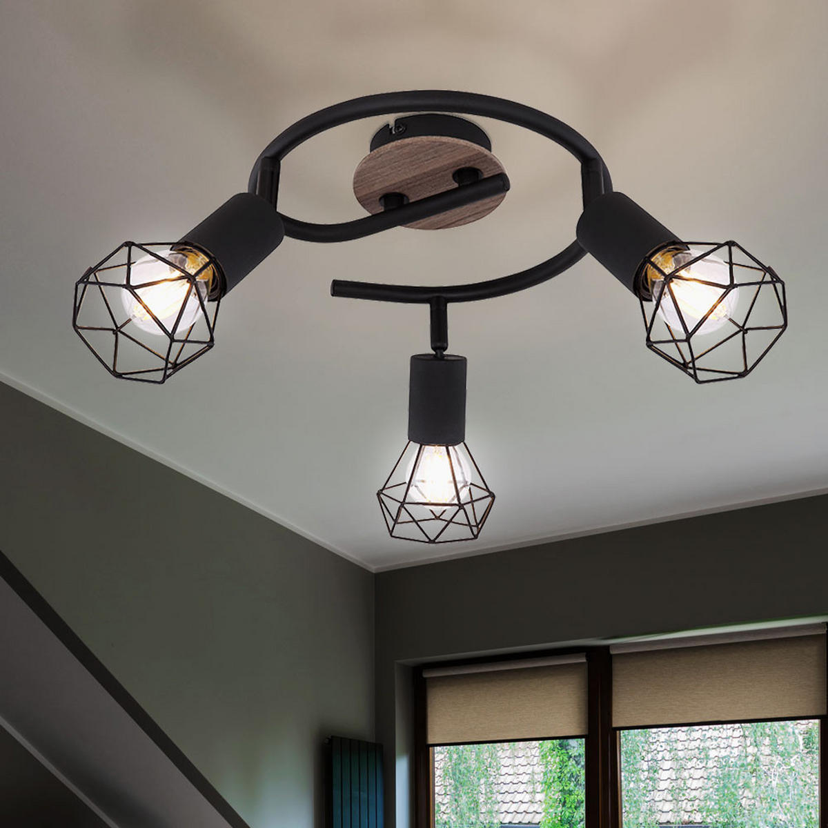 DECKENLEUCHTE Metallkäfig Schwarz Natur - Schwarz, Holz (23/23/21.5cm)