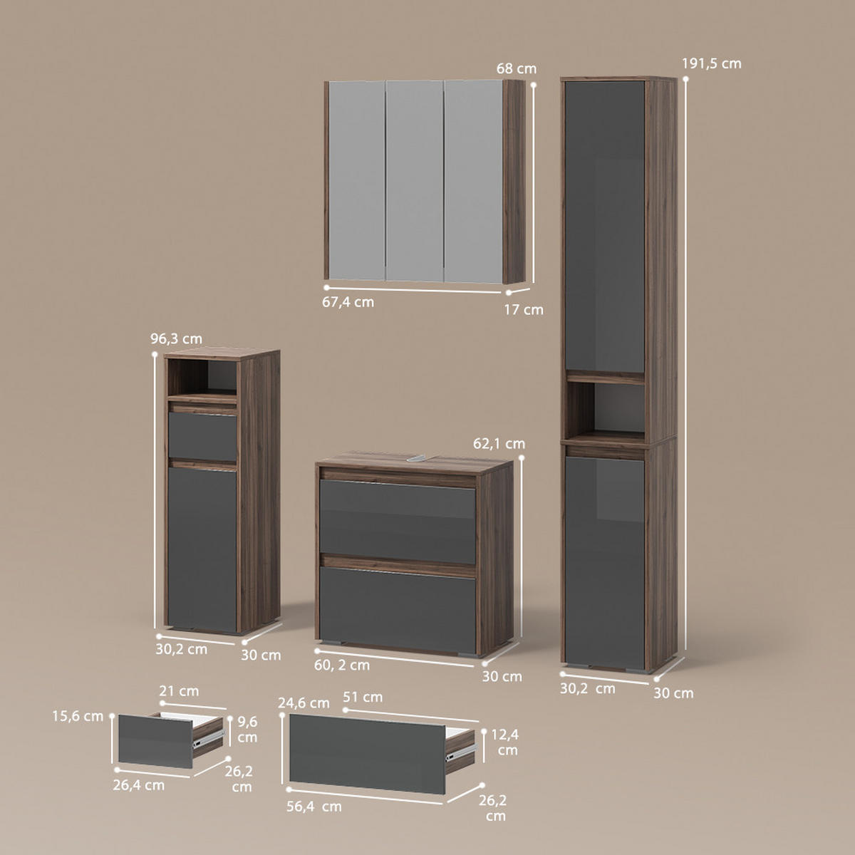 BADMÖBEL-SET Savuto Anthrazit 4 Teile - Anthrazit/Walnussfarben, Holzwerkstoff (60/62/30cm) - Livinity®