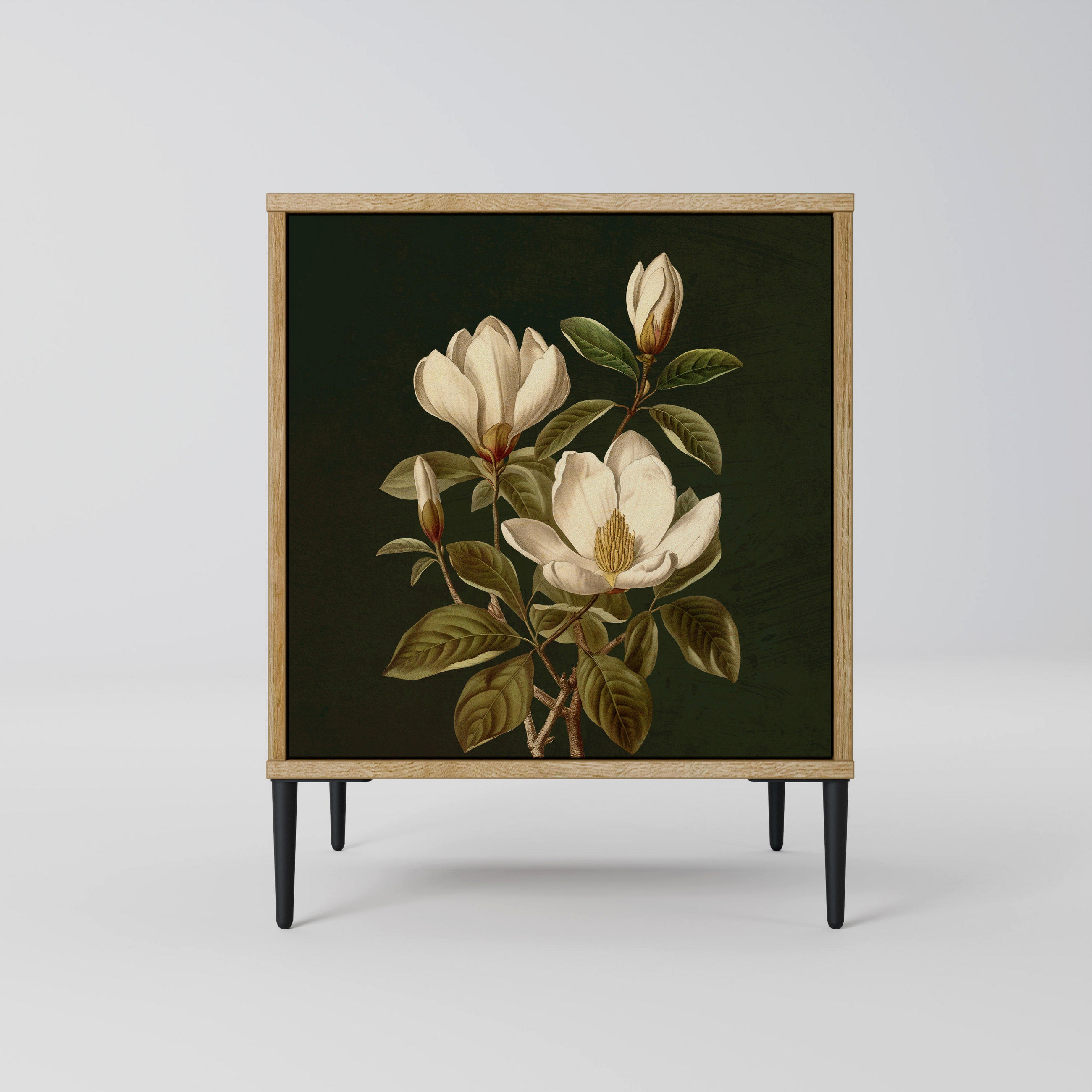 SIDEBOARD FLORAL NOIR, Eichefarben, 57,5x42x72,5 cm, Schwarze Metallfüße - Eichefarben/Multicolor, Holzwerkstoff/Metall (57.5/72.5/42cm) - SpaceRebels