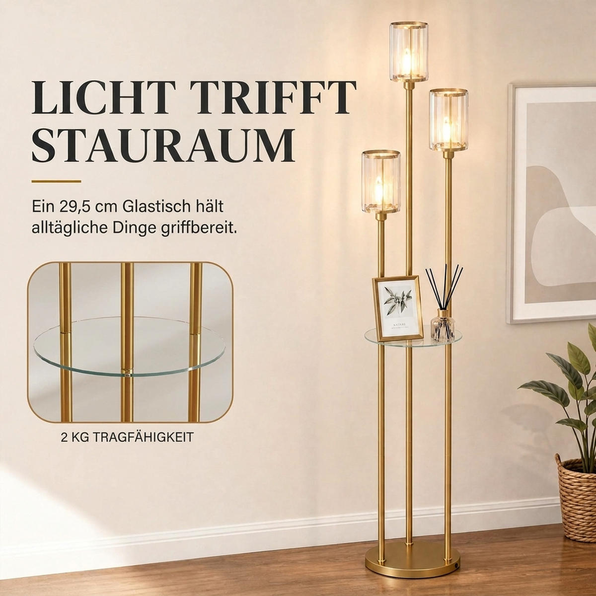 STEHLAMPE Stahl Glas Goldfarben - Goldfarben, Metall (32/32/177cm) - HOMCOM