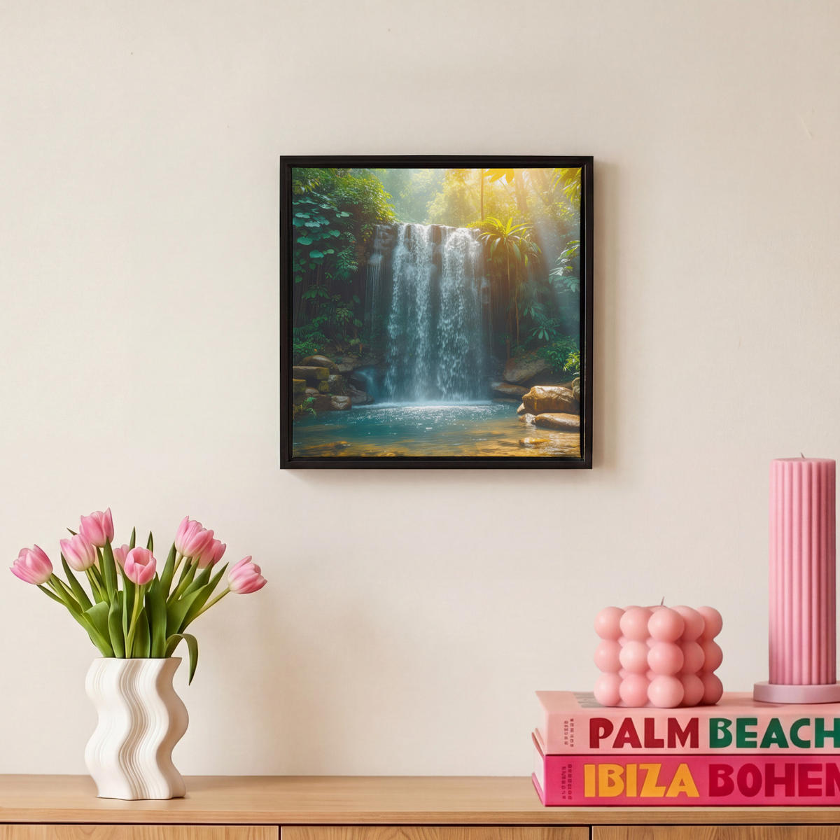 LEINWAND Bilder mit Rahmen - Wasserfall - Dschungel - Sonne - Grün - Natur - 20x20 - Grün, Textil (20/20cm) - MuchoWow