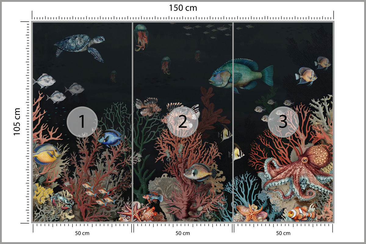 FOTOTAPETE für Badezimmer Bunter Unterwasser Pflanzen Riff Fische 150x105 - Rot/Schwarz, Papier (150/105cm) - Muralo