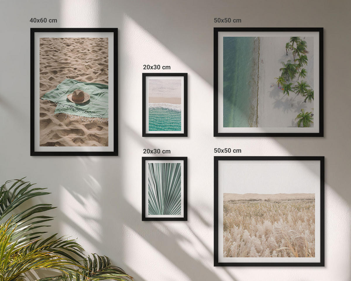 BILDER SET 5er Set - 50x50 cm & 20x30 cm & 40x60 cm Schwarzer Rahmen - Urlaubsblick Strand Meer - Schwarz, Kunststoff (40/60cm) - TULUP