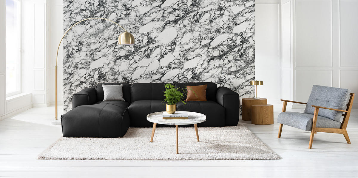 3-SITZER ECKSOFA mit Longchair - Schwarz, Leder/Kunststoff (284/173cm) - home24