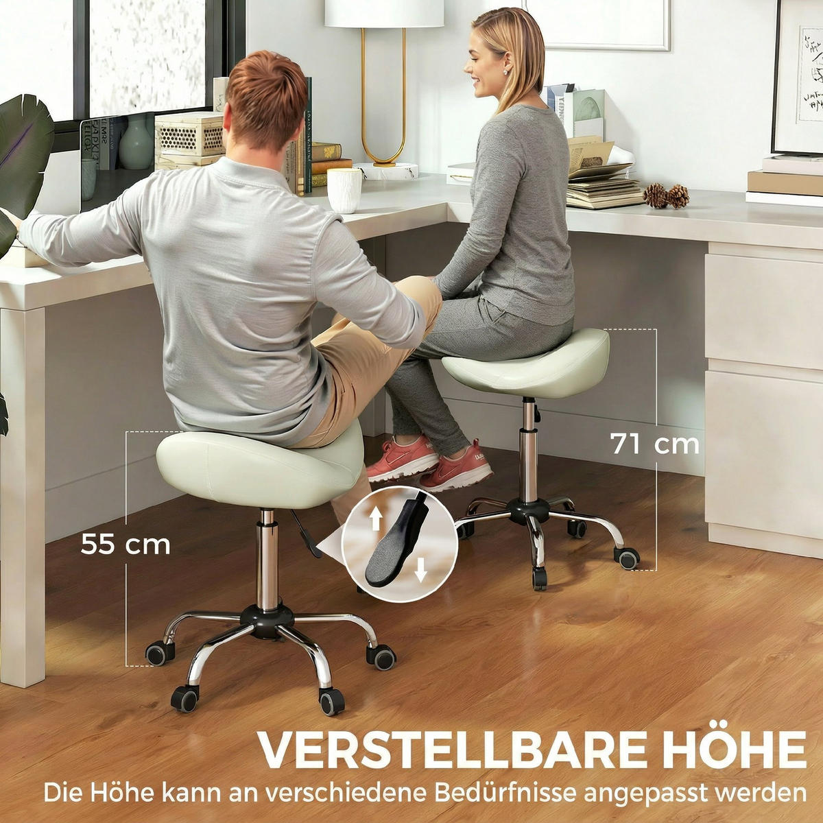 DREHHOCKER DE-09912 höhenverstellbar, PU-Leder Cremeweiß - Creme, Metall (48/71/48cm) - ComfortXL