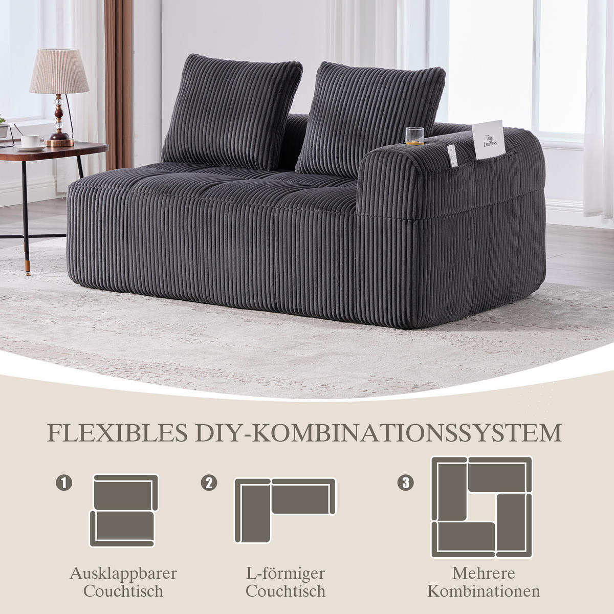 SOFA mit Seitenfächern und Becherhaltern 158 x 93 cm Cord Dark Grey - Dunkelgrau, Kunststoff (158.1/61/93cm) - Meubliv