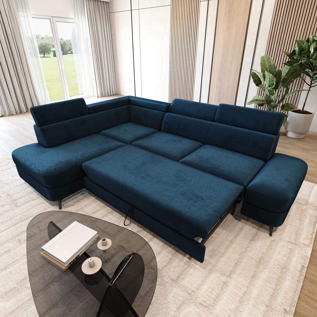 ECKSOFA AVISE M L-S Blau Velours-Stoff mit Schlaffunktion - Blau, Holzwerkstoff/Textil (268/195cm) - MASSENO