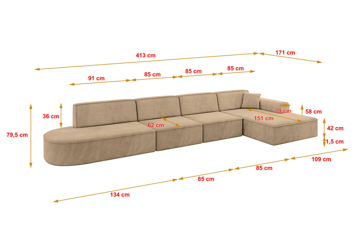 ECKSOFA Ottomane Rechts IREA-L3-v3 - 413x171x79 cm Beige - Beige, Holzwerkstoff/Textil (171/413cm) - ALTDECOR