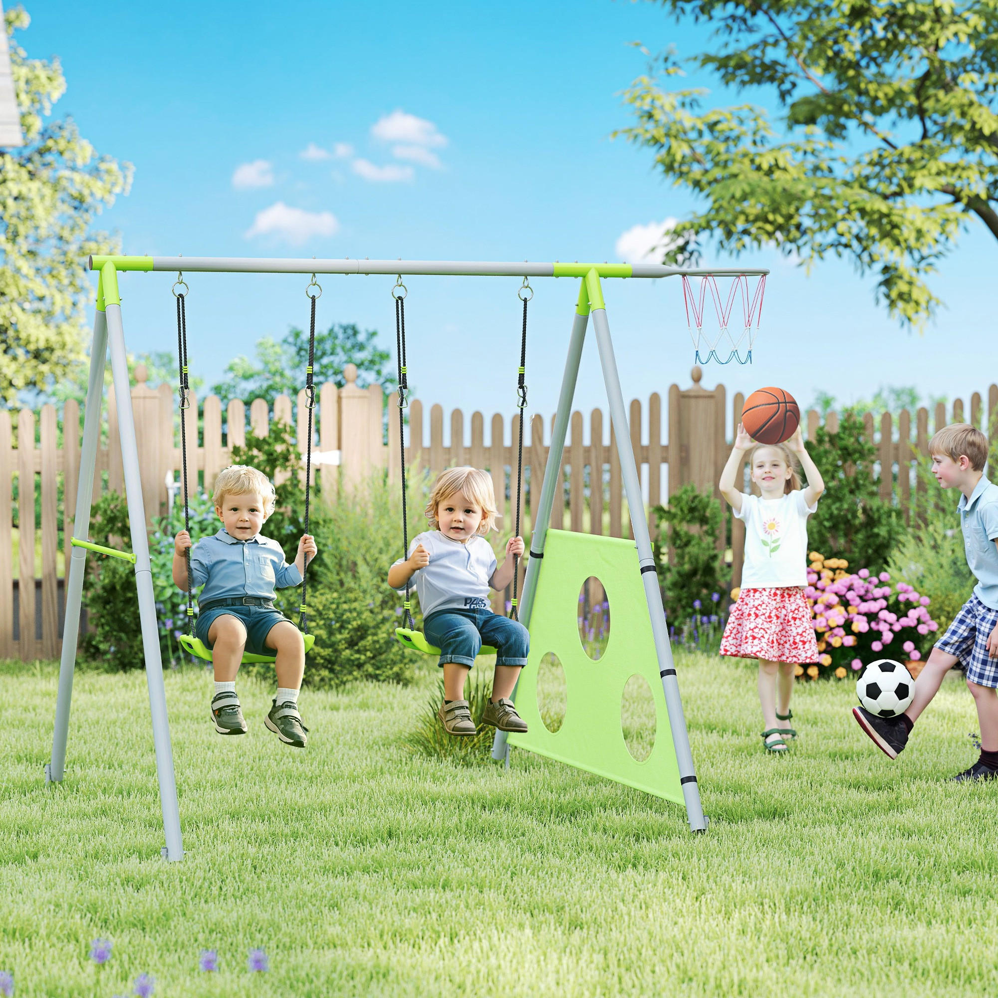 SCHAUKELGESTELL Outdoor Schaukelgerüst mit Schaukel, Basketballkorb, Fußballtor - Grün, Metall (180/238cm) - AIYAPLAY