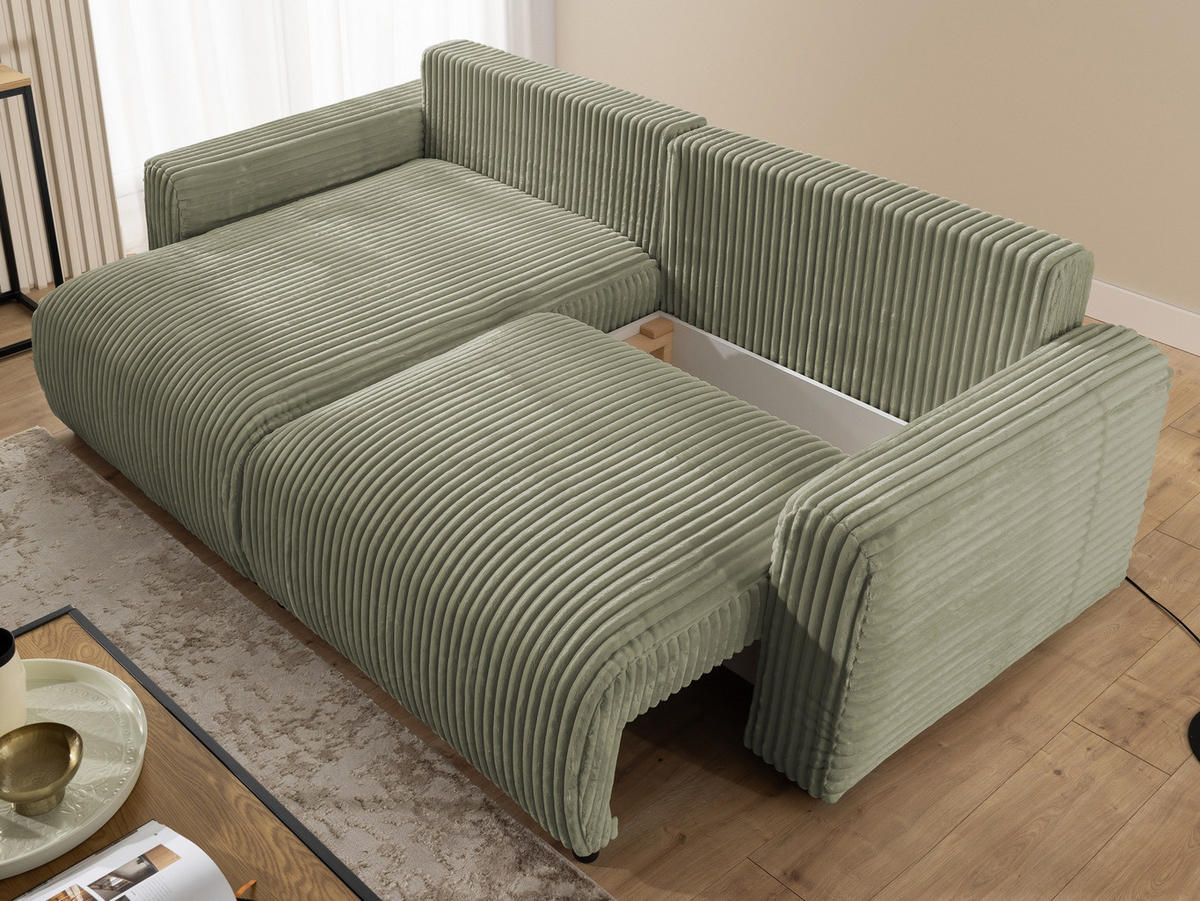 ECKSOFA Calma mit Schlaffunktion und Bettkasten im Bumpy-Design aus weichem Olive Plüschcord - Ottomane links - Schwarz/Grün, Holz/Kunststoff (239/140cm) - S-Style