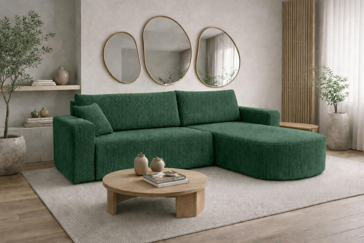 ECKSOFA Mit Schlaffunktion, Cordstoff Poso, Grün, Rechts, ROUND ONE XL - Grün, Holz (271/175cm) - Kaiser Möbel