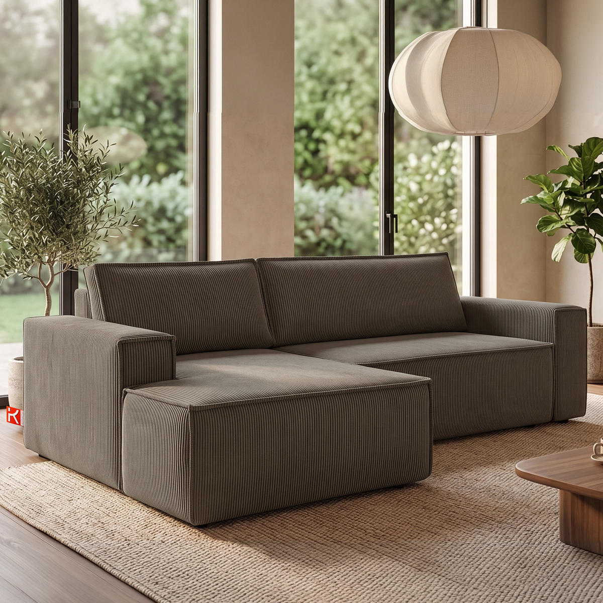 ECKSCHLAFSOFA-LINKS NAPI in Pet Friendly Cord-Stoff, braun - Schwarz/Braun, Textil (262/148cm) - KONSIMO®