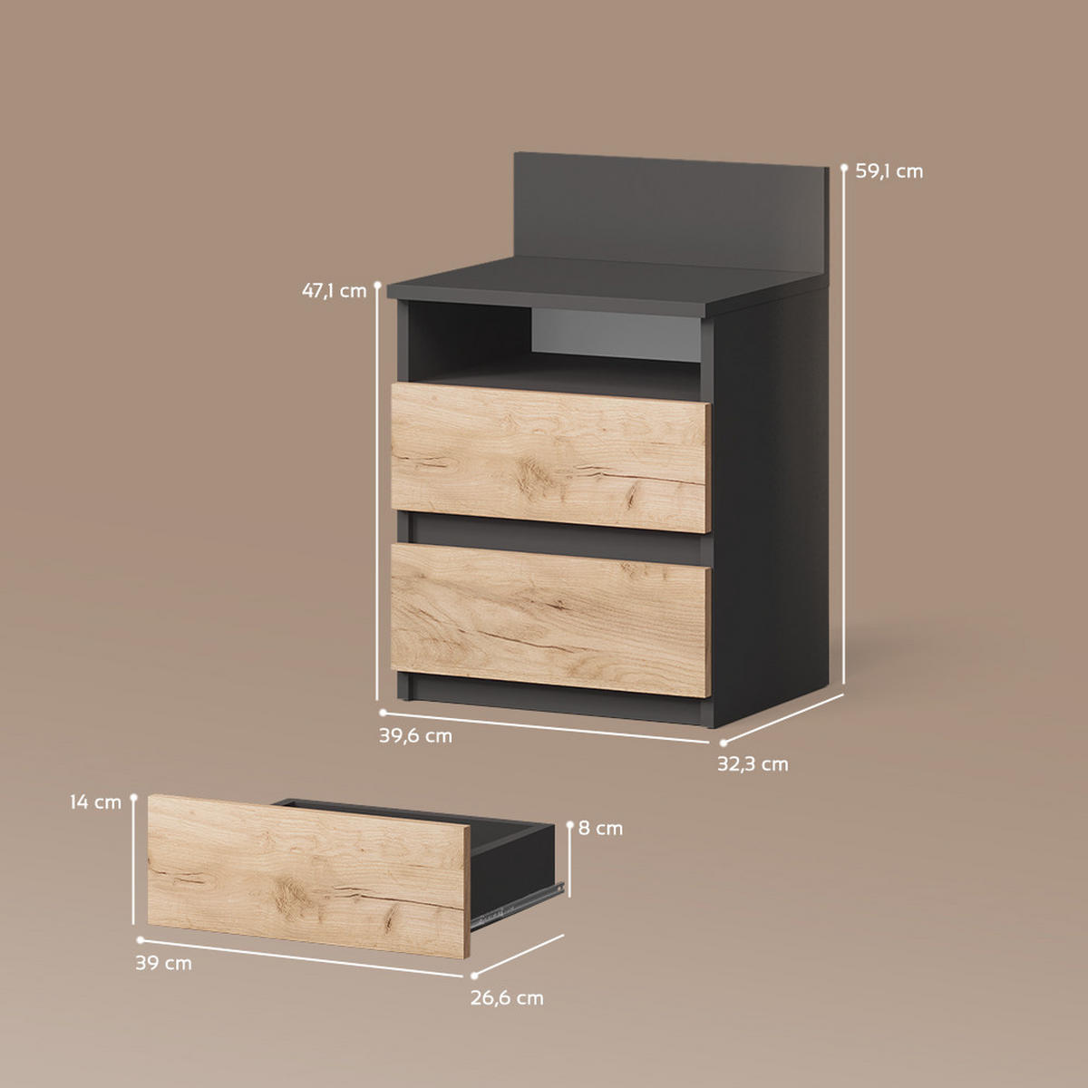 NACHTTISCH Roya, Anthrazit/Goldkraft Eiche, 39.6 x 59.1 cm - Honigeiche/Anthrazit, Holzwerkstoff (39.6/59.1/32.3cm) - Livinity®