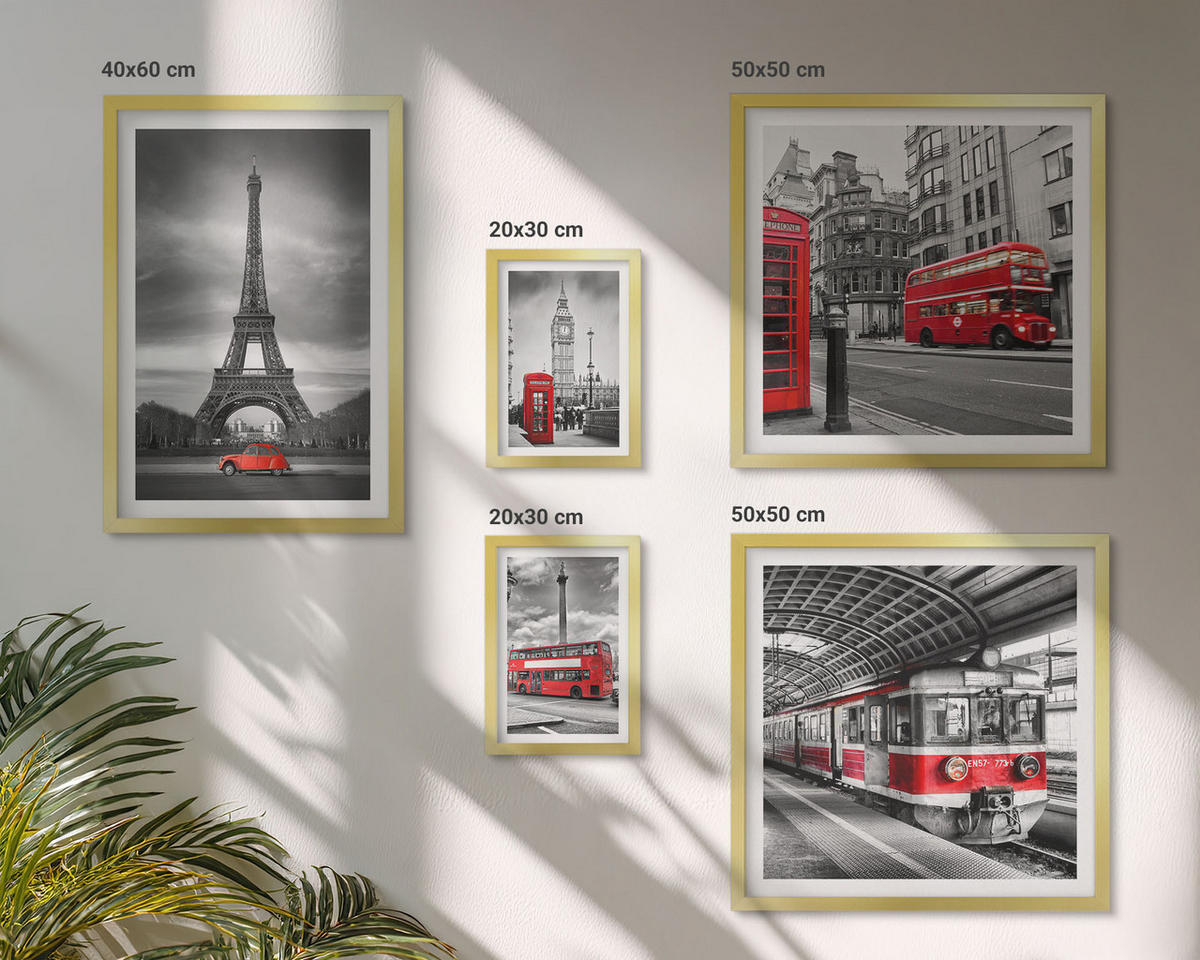 BILDER SET 5er Set - 50x50 cm & 20x30 cm & 40x60 cm Goldrahmen - Rote Busse in der Stadt - Goldfarben, Kunststoff (40/60cm) - TULUP