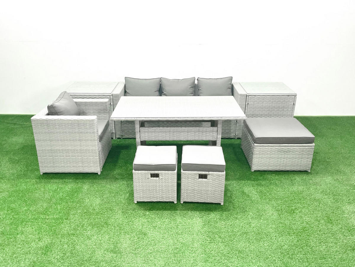 GARTENSET mit Esstisch,Sofa,2 Beistelltischen,3 Fußhocker Polyrattan Hellgrau 7-Sitzer - Hellgrau/Grau, Glas/Kunststoff - Fimous