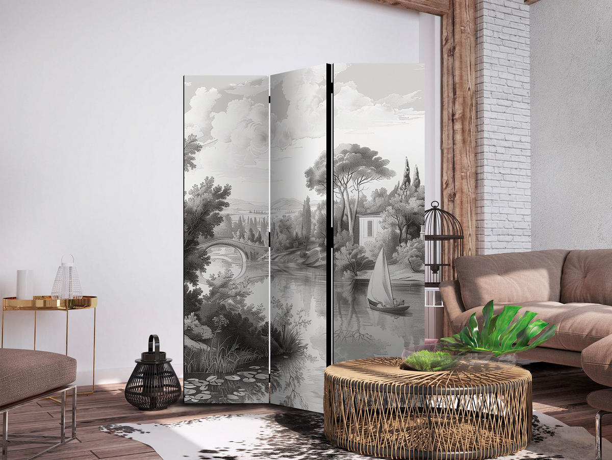 PARAVENT Akustik 3-tlg 135x172 cm Retro Flusslandschaft Natur - Grau, Holz/Textil (135/172/3cm) - Muralo