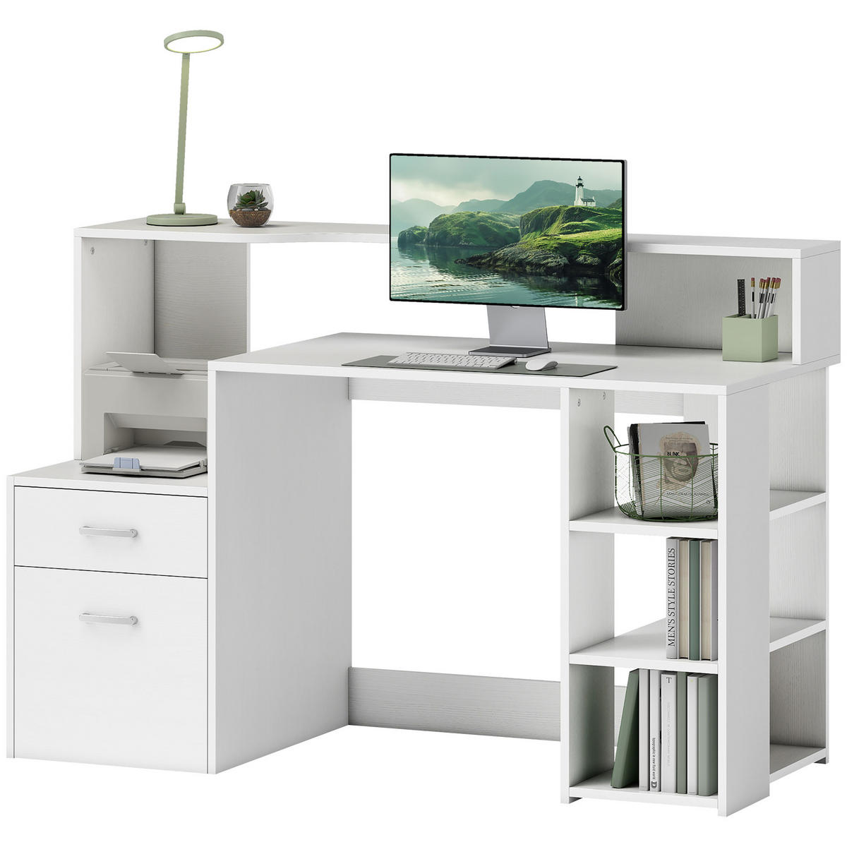 SCHREIBTISCH DE-14903 2 Schubladen, Druckerablage & offene Fächer Weiß - Weiß, Holzwerkstoff (137/55/92cm) - ComfortXL