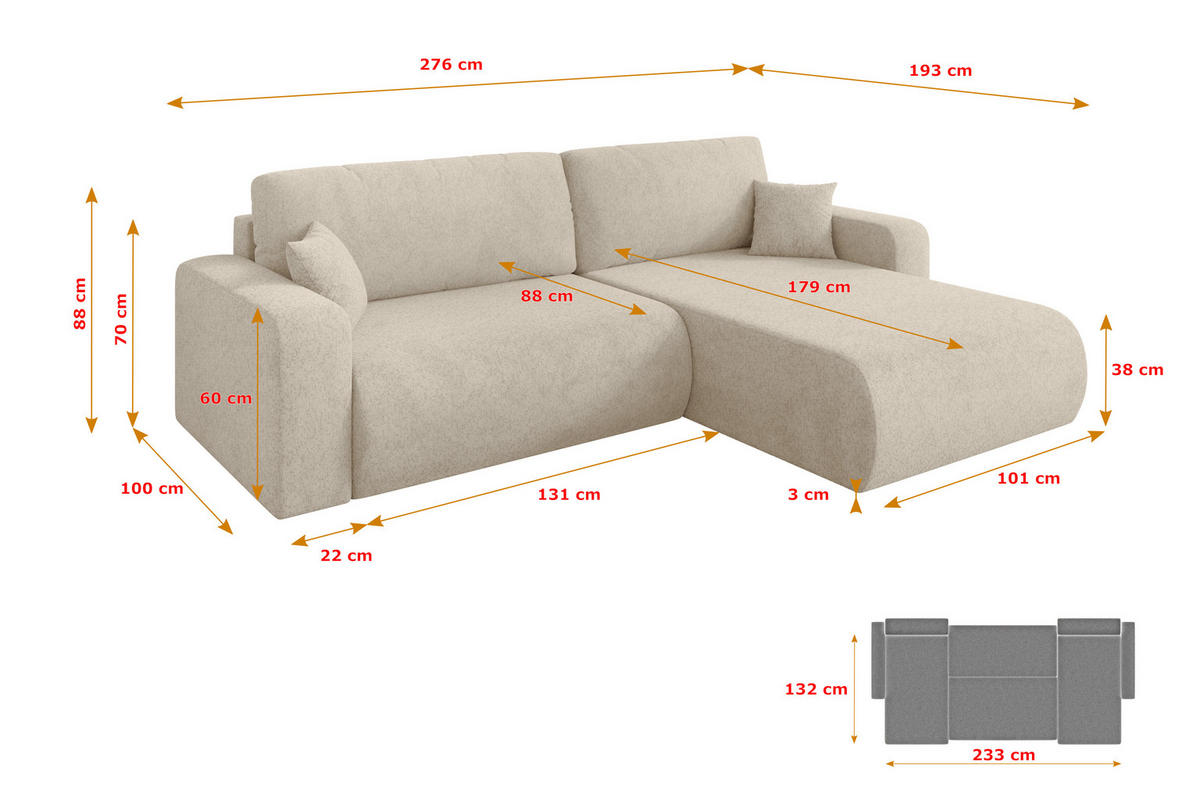 ROHOVÁ SEDAČKA s funkcí spaní, otoman vpravo BERY-L 276x193x88 krémová velur - černá/krémová, kompozitní dřevo/textil (276/193cm) - ALTDECOR