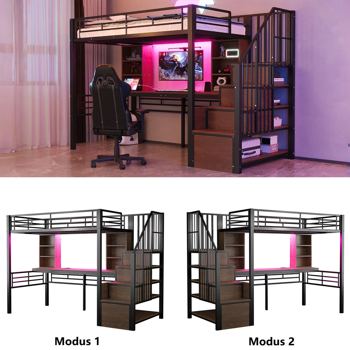 HOCHBETT 90/200 cm in Schwarz mit Stauraumtreppe, Schreibtisch, LED und Steckdose - Schwarz, Holzwerkstoff/Metall (90/200cm) - WISHDOR