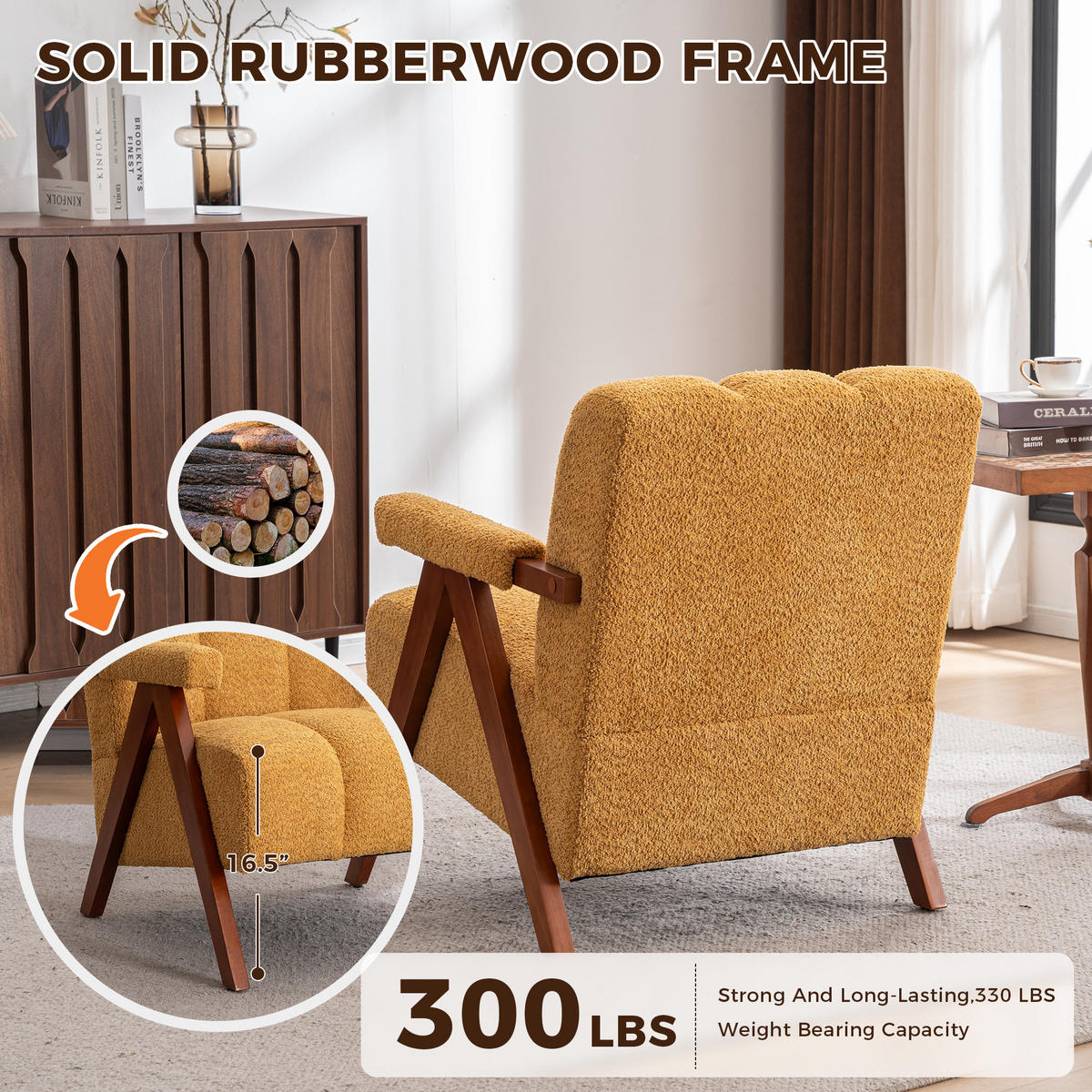 FÅTÖLJ i Bouclé och Ekträ, modern accentstol - Gul, Trä (77/77/68.5cm) - Urban Meuble