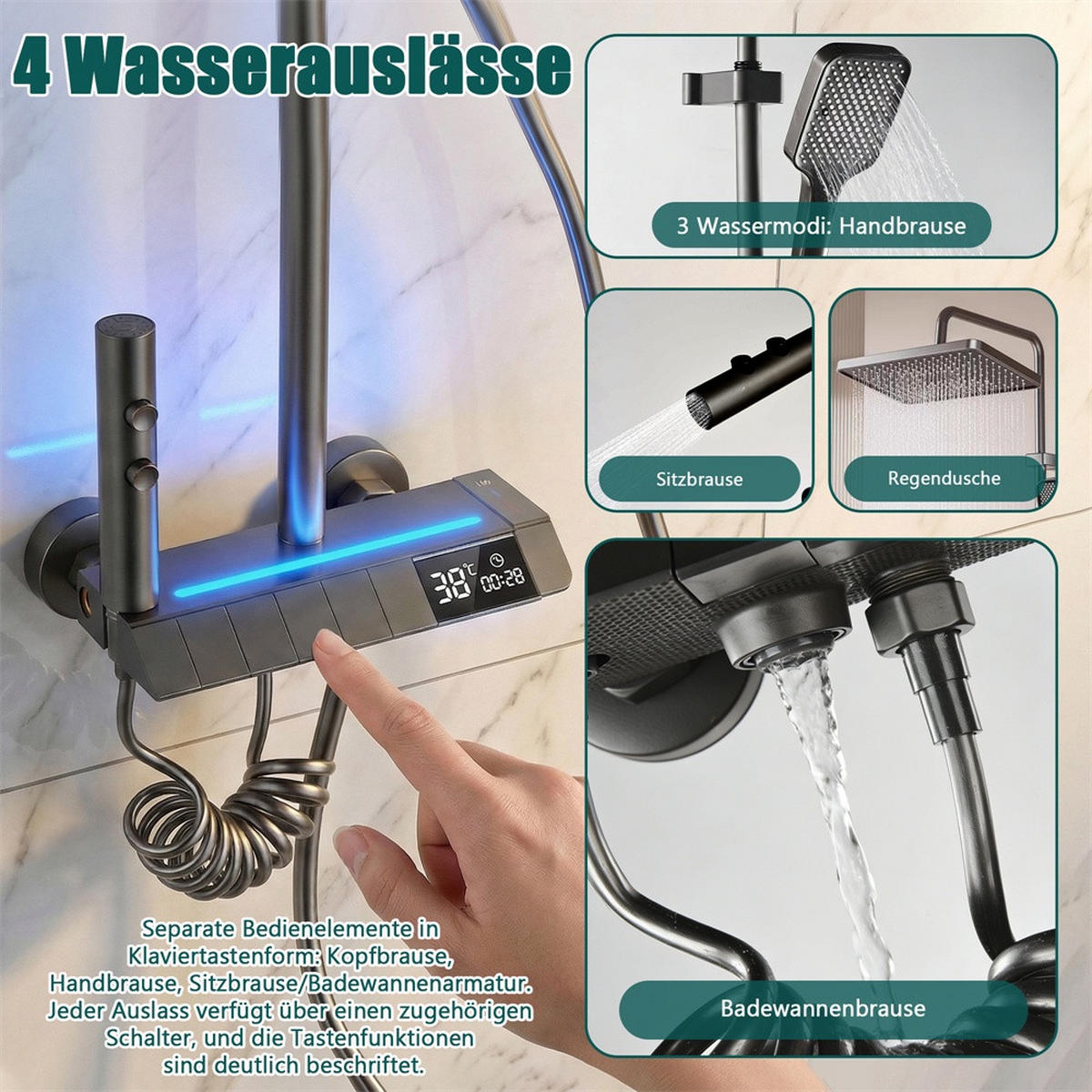 DUSCHSYSTEM mit Digitalanzeige und LED-Beleuchtung - Höhenverstellbare Duschstange mit Handbrause - Grau - Grau, Metall (35/120/30cm) - DELFA
