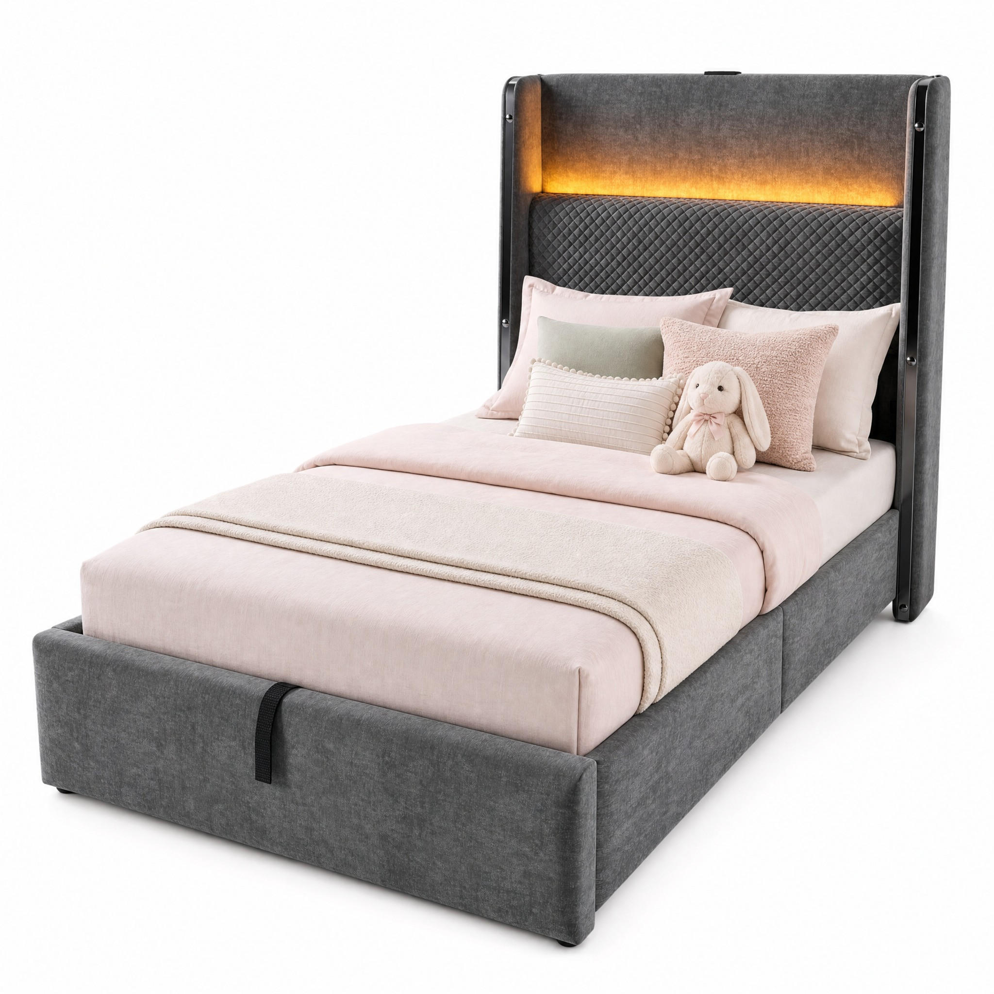 POLSTERBETT 90/200 cm in Grau Leinen mit Bettkasten, LED, USB und Type-C - Grau, Holzwerkstoff/Textil (90/200cm) - STILVORA