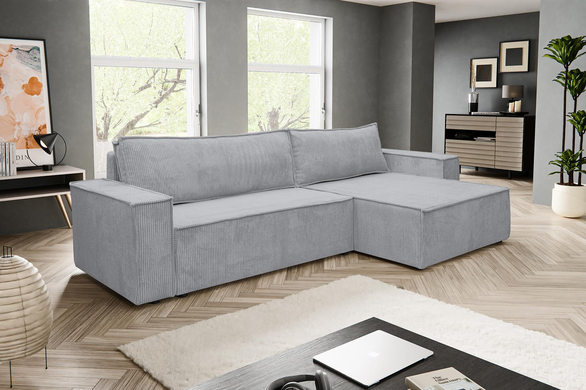 ECKSOFA HUGO XL Schlaffunktion und Bettkasten Cord-Stoff (Grau) - Grau, Textil (274/142cm) - VENASI MÖBEL